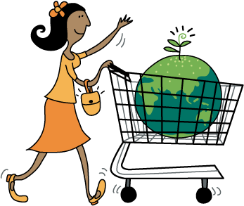 Happy woman shopping with a happy planet